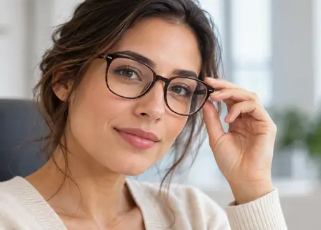 Mulher usando óculos antes de cirurgia refrativa